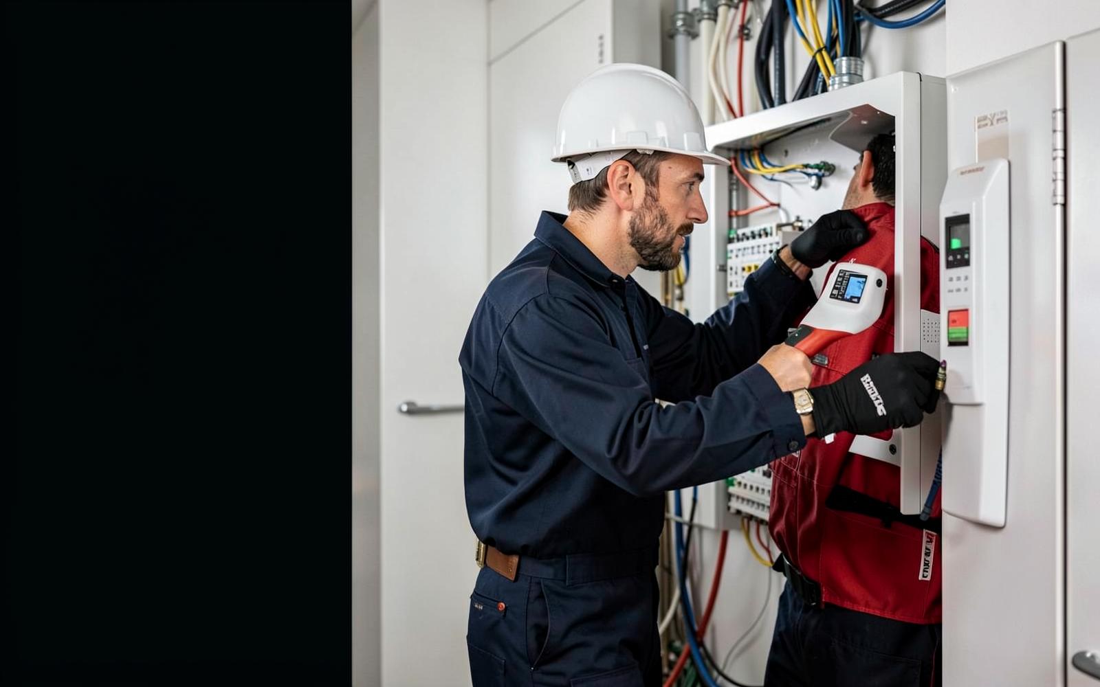 Électricien professionnel contrôlant un tableau électrique