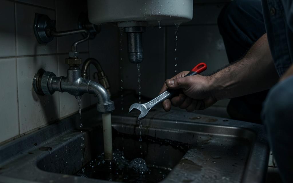 Plombier AU Services réparant une fuite d'eau sous un évier