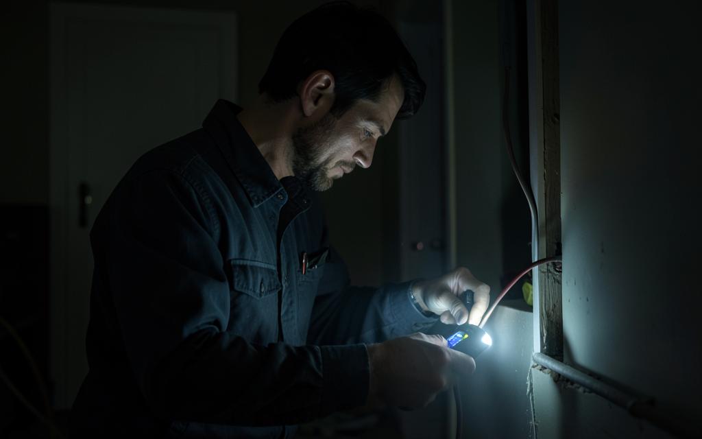 Électricien recherchant une panne électrique avec un multimètre